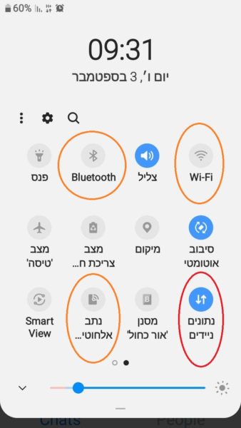 תפריט הגדרות מקוצר אנדרואיד, מוקף באדום מצב רשת נתונים, בכתום WIFI, בלוטות, ראוטר אלחוטי. כדי הסלולרי לא ישדר כל הזמן אלא רק בזמן שיחה או SMS יש לכבות את כולם.