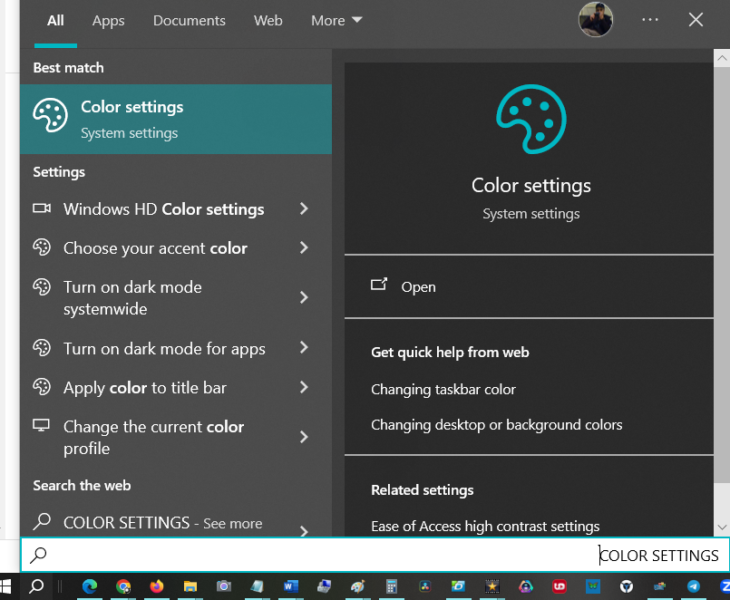 פתיחת מסך ההגדרות COLOR SETTINGS במערכת הפעלה WIN10